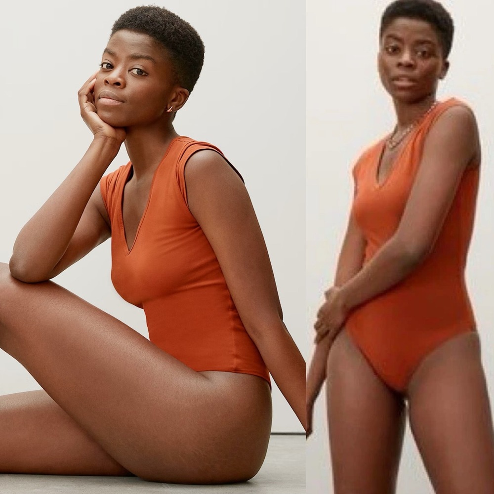 Everlane V-Neck Ballet Bodysuit T-Shirt Honey Brown Womens Size Small Rust Boho